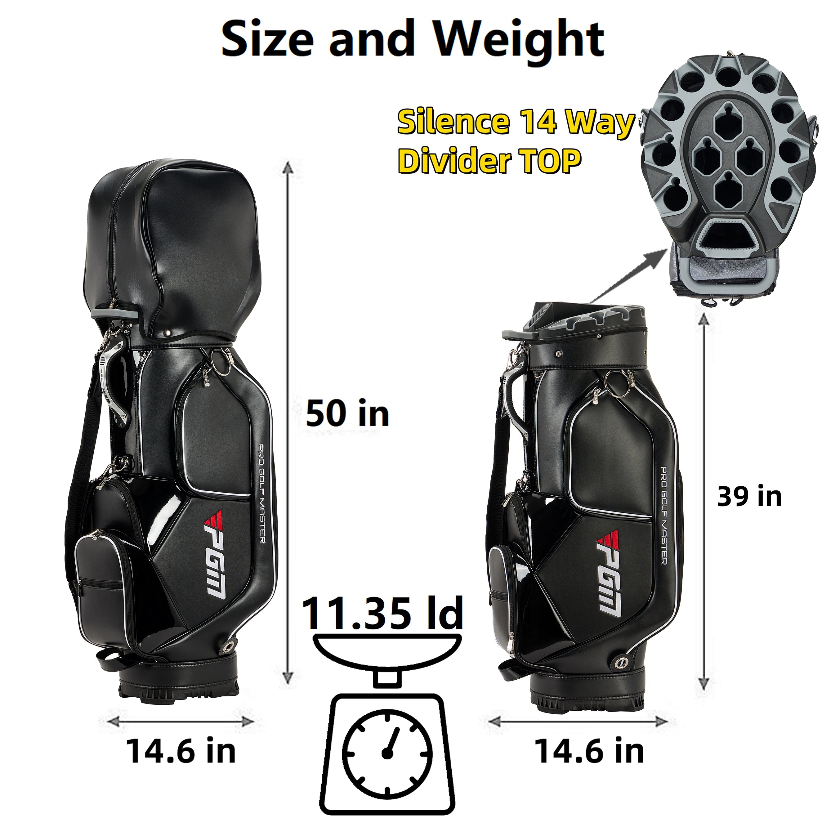 Sac de chariot de golf PGM avec compartiment à 14 compartiments et compartiment silencieux, sac étanche/noir