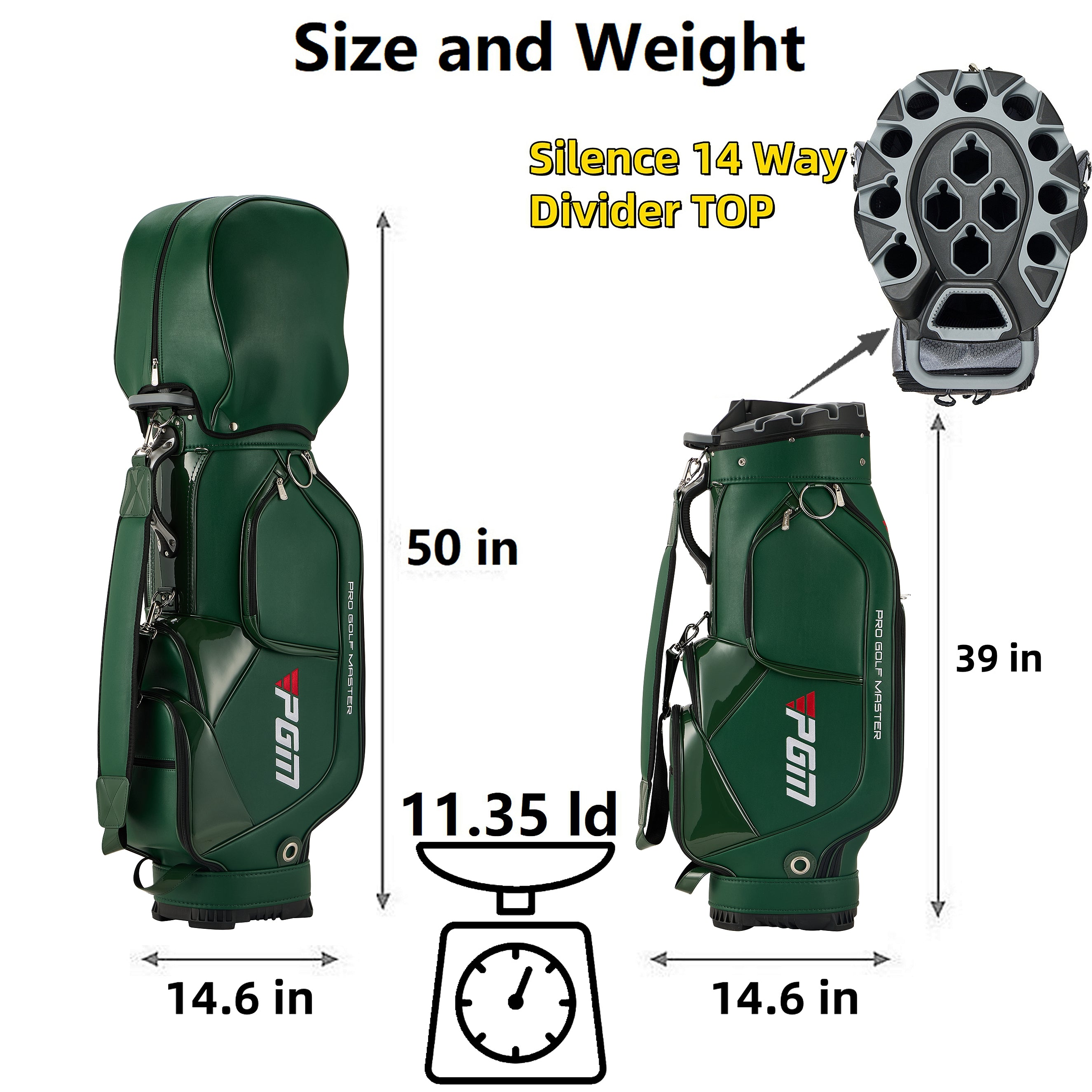 PGM Golf Cart Bag 14 Way Organizer Divider Silent Top Waterproof Bag/Green PU leather